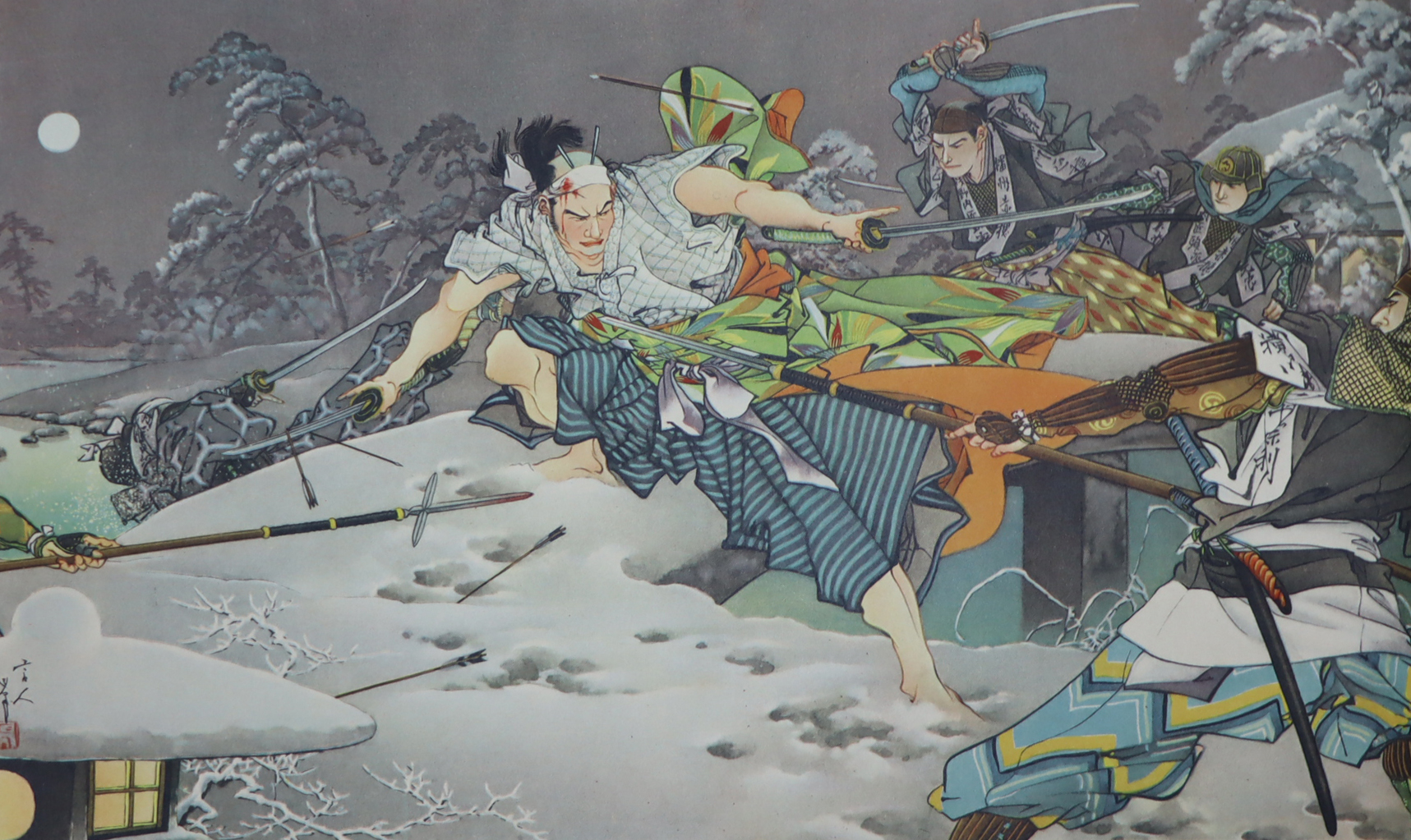 Historiallinen kuvaus taistelevasta samuraista, jolla on daisho.